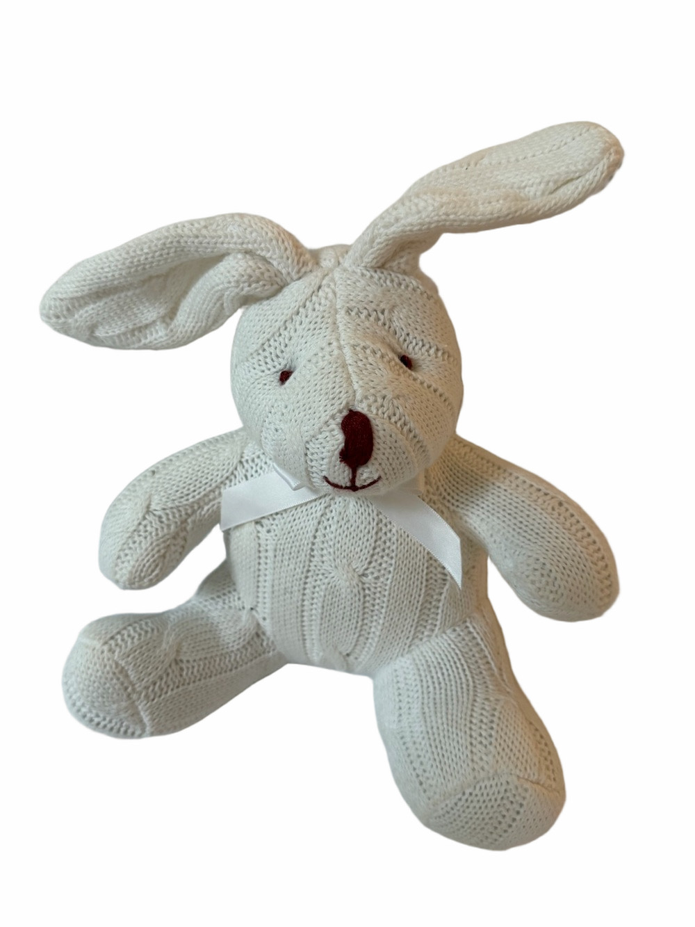 Baby Mode Signature White Cotton Knit Bunny Plush Toy Ribbon Neck